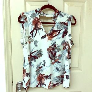 Floral blouse, collar neck strap.
